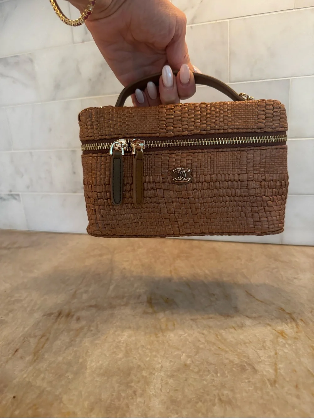 CC Woven Raffia Vanity Pouch with Top Handle